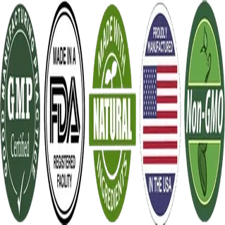 The composite seal strip the vendor ships, carrying GMP, FDA registered facility, natural, made in the USA and non-GMO marks in one image