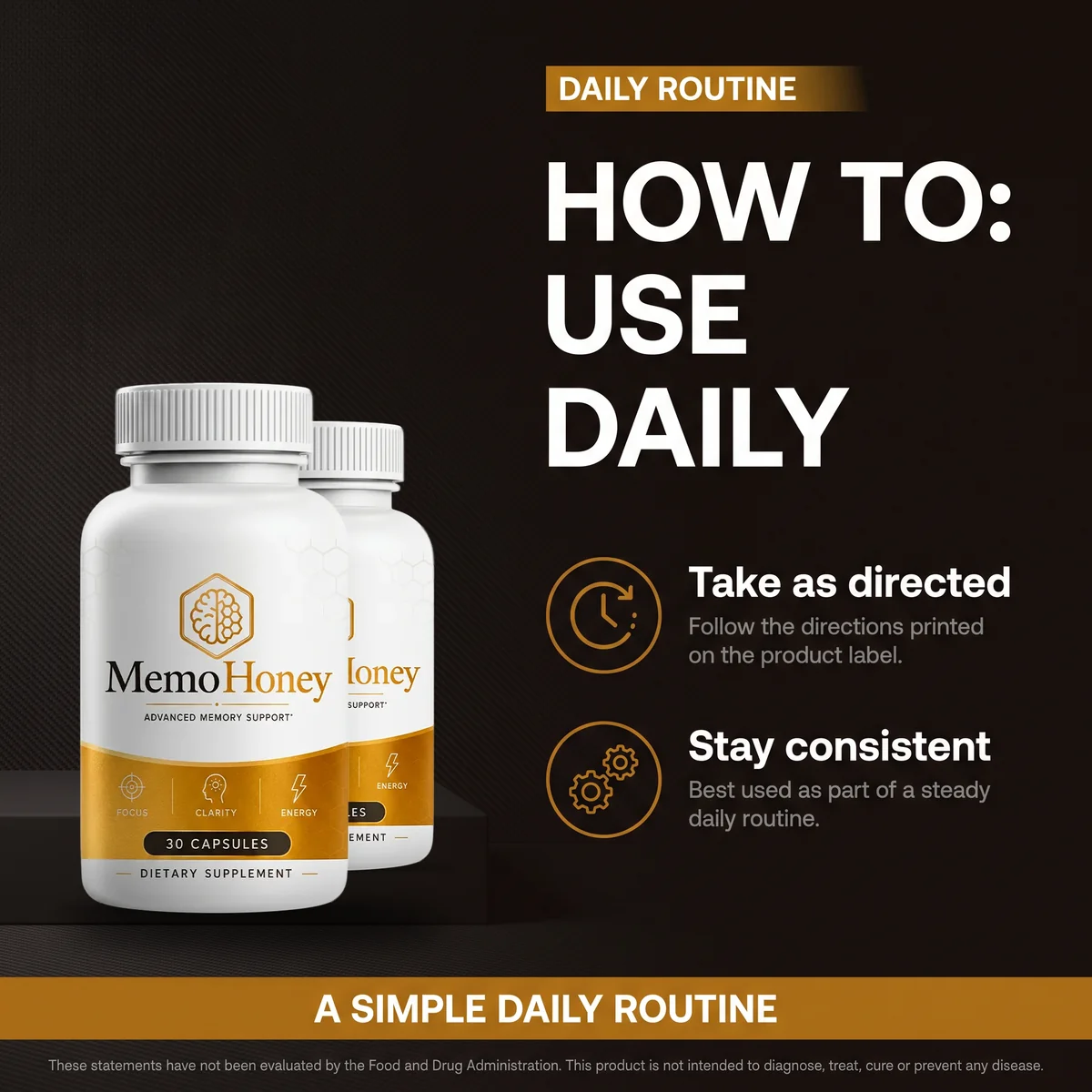 MemoHoney how-to-use listing graphic: take as directed, stay consistent