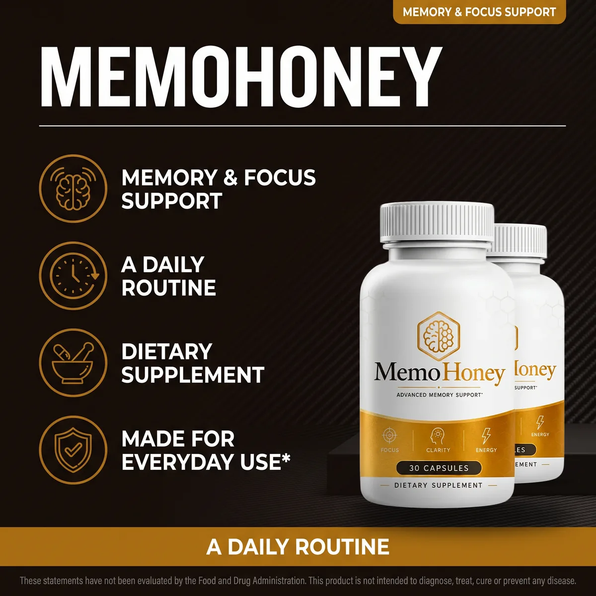MemoHoney memory and focus support listing graphic, four claim tiles beside two bottles