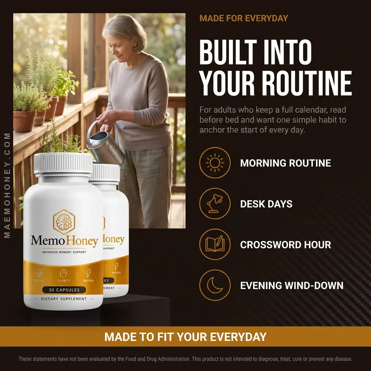 MemoHoney listing scene: an older adult watering plants on a porch beside two bottles, with morning routine, desk days, crossword hour and evening wind-down listed