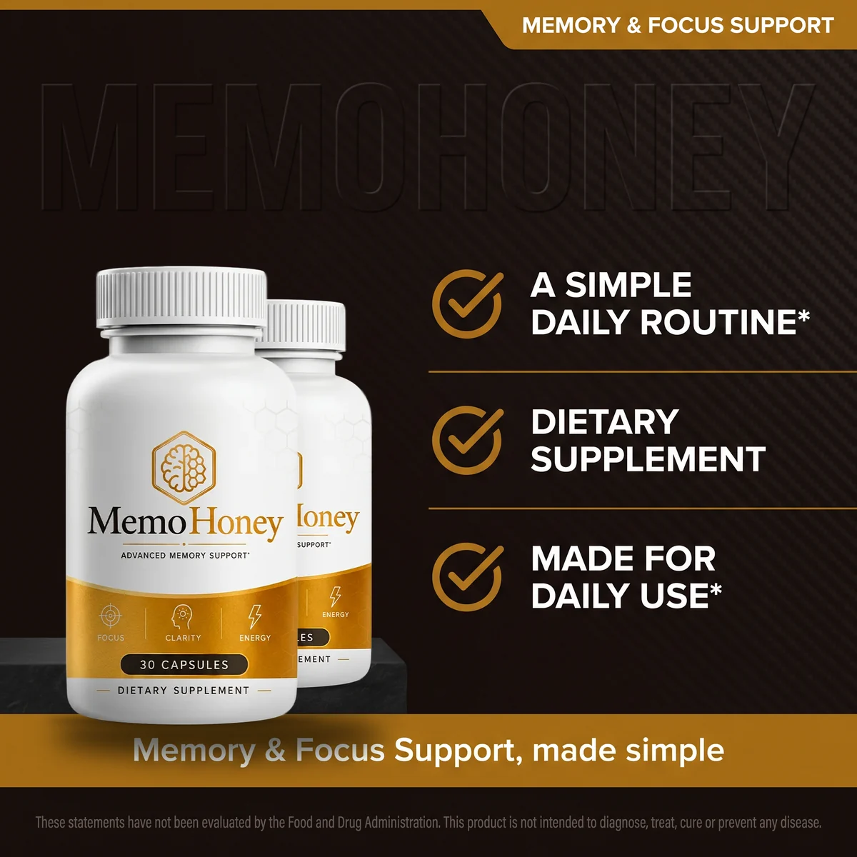 MemoHoney listing graphic: a simple daily routine, dietary supplement, made for daily use